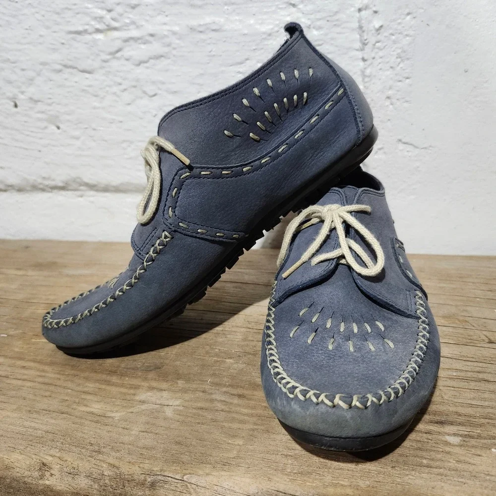 Hush Puppies Easy Times Blue Leather Whipstitch Embroidered Lace Up Loafers 8D